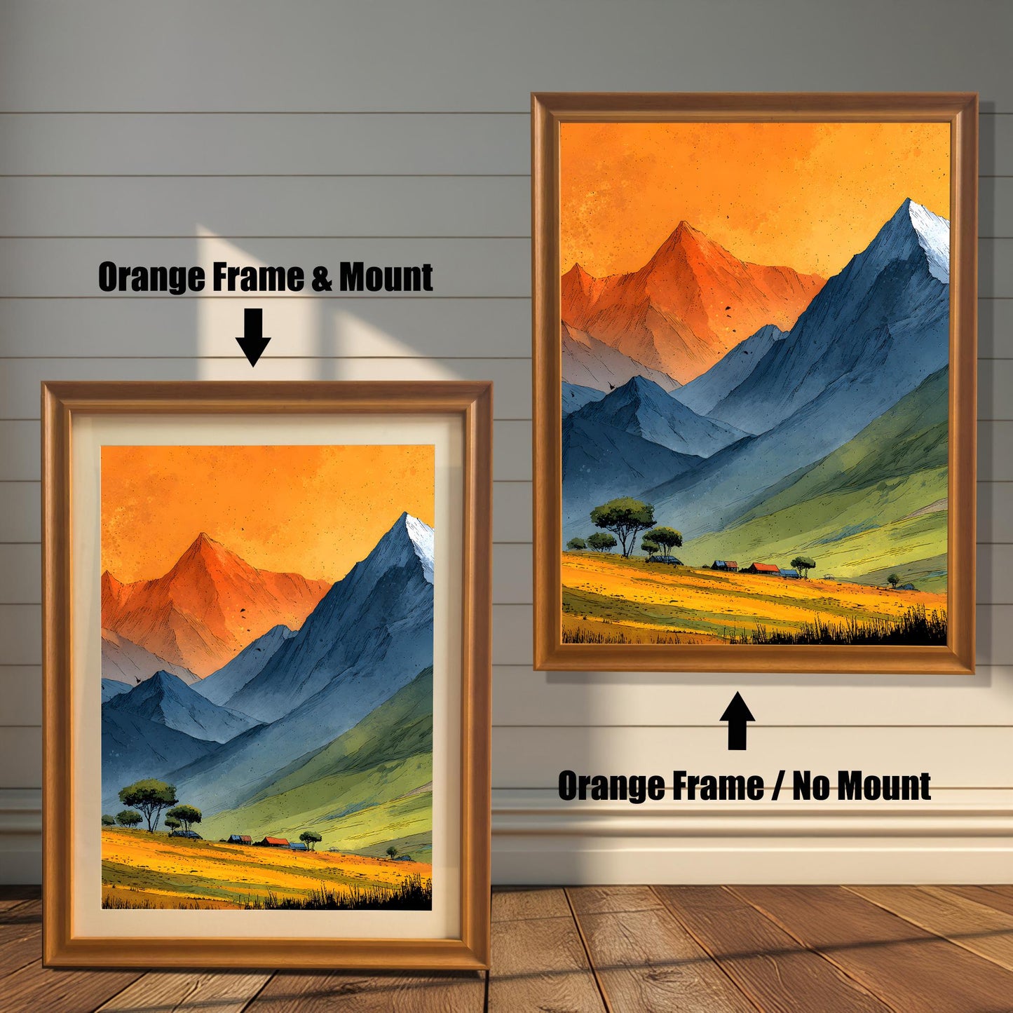 Side-by-side comparison of two orange wood frames. On the left, the mountain landscape print is shown with a white mount; on the right, the same artwork is shown without a mount, filling the frame.