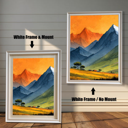 Comparison of a white wood frame with two styling options: one featuring a white mount (matting) and the other with no mount. Both contain a colorful illustrated mountain scene.