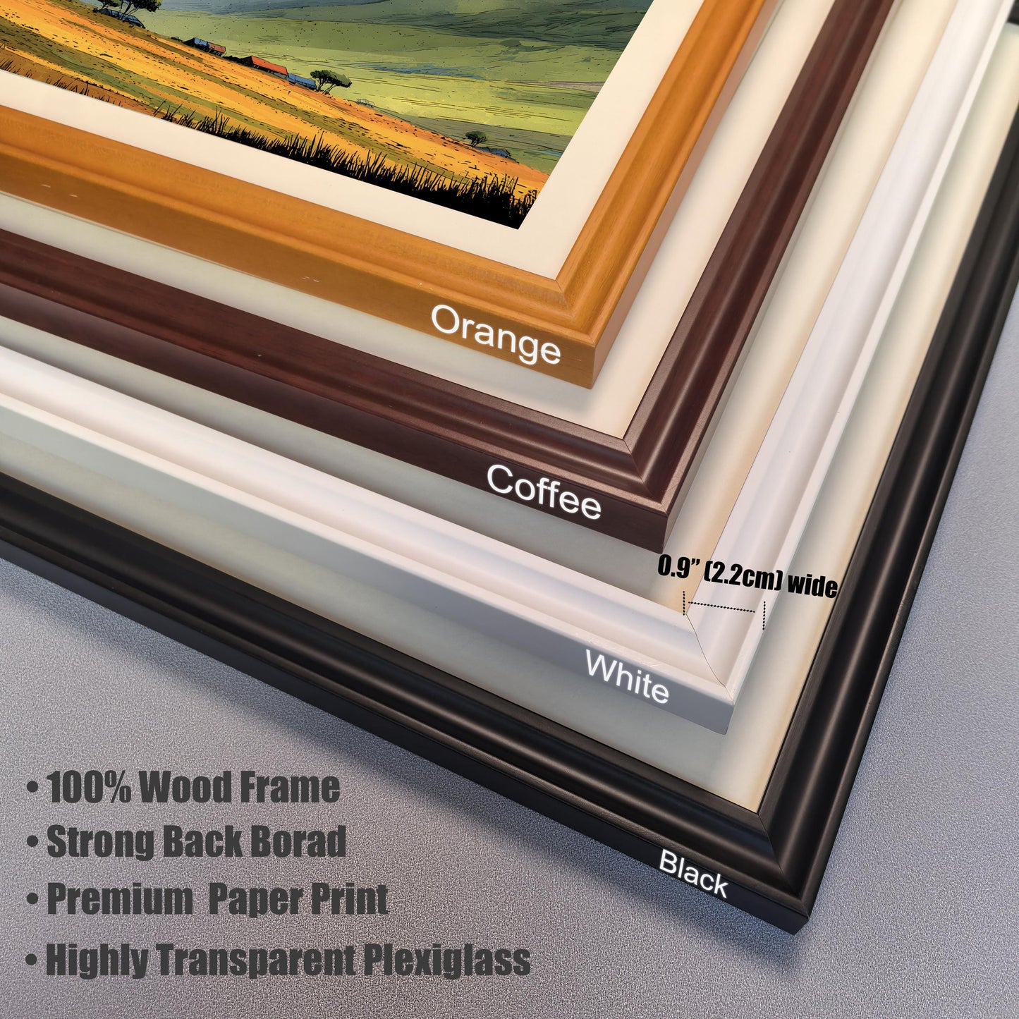 Close-up stack of four wooden frame corners in Orange, Coffee, White, and Black. Text labels indicate a 0.9-inch () width, 100% wood frame, and highly transparent plexiglass.