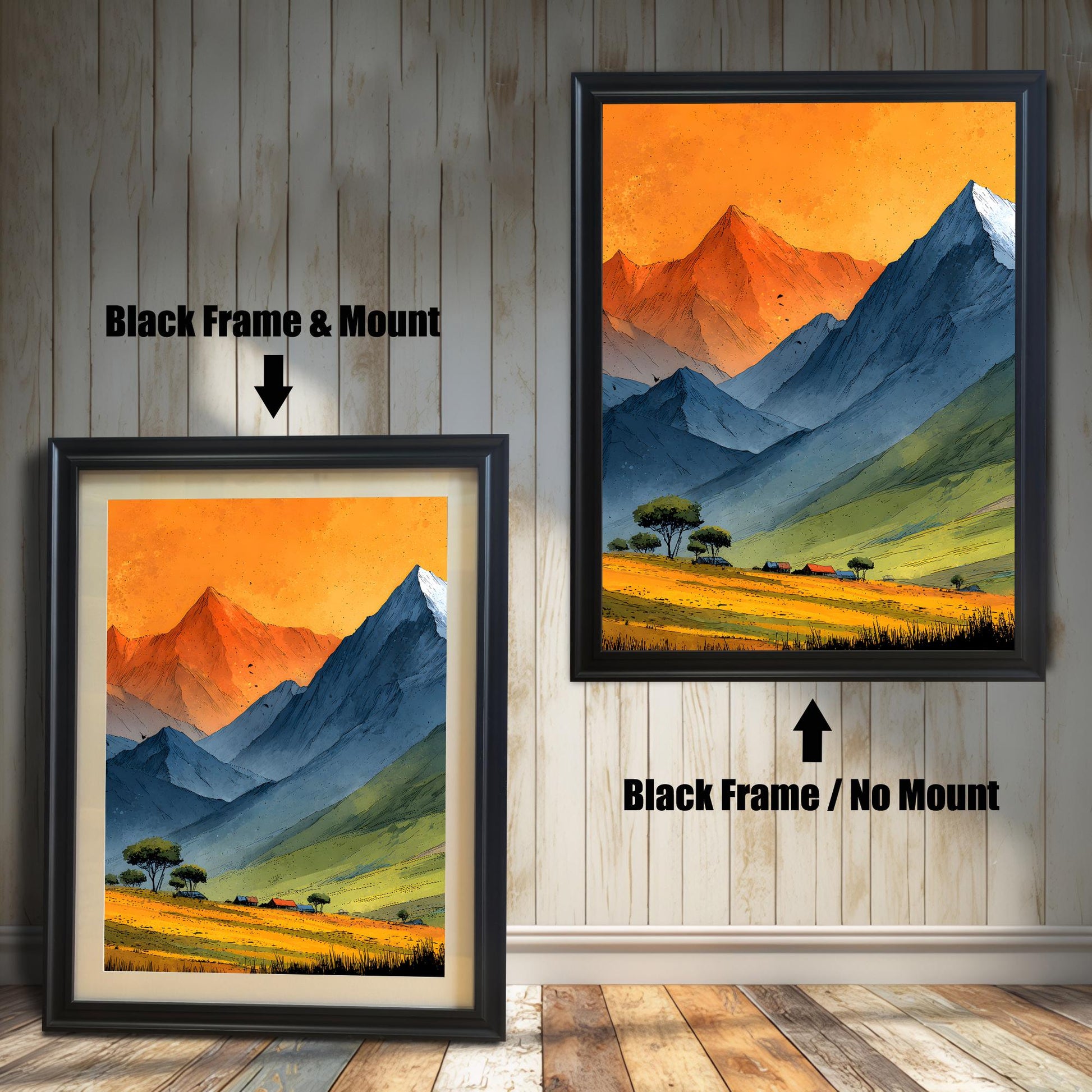 Comparison of two black wood frames against a vertical wood-slat wall. The left version includes a white mount, while the right version features the artwork full-bleed with no mount.