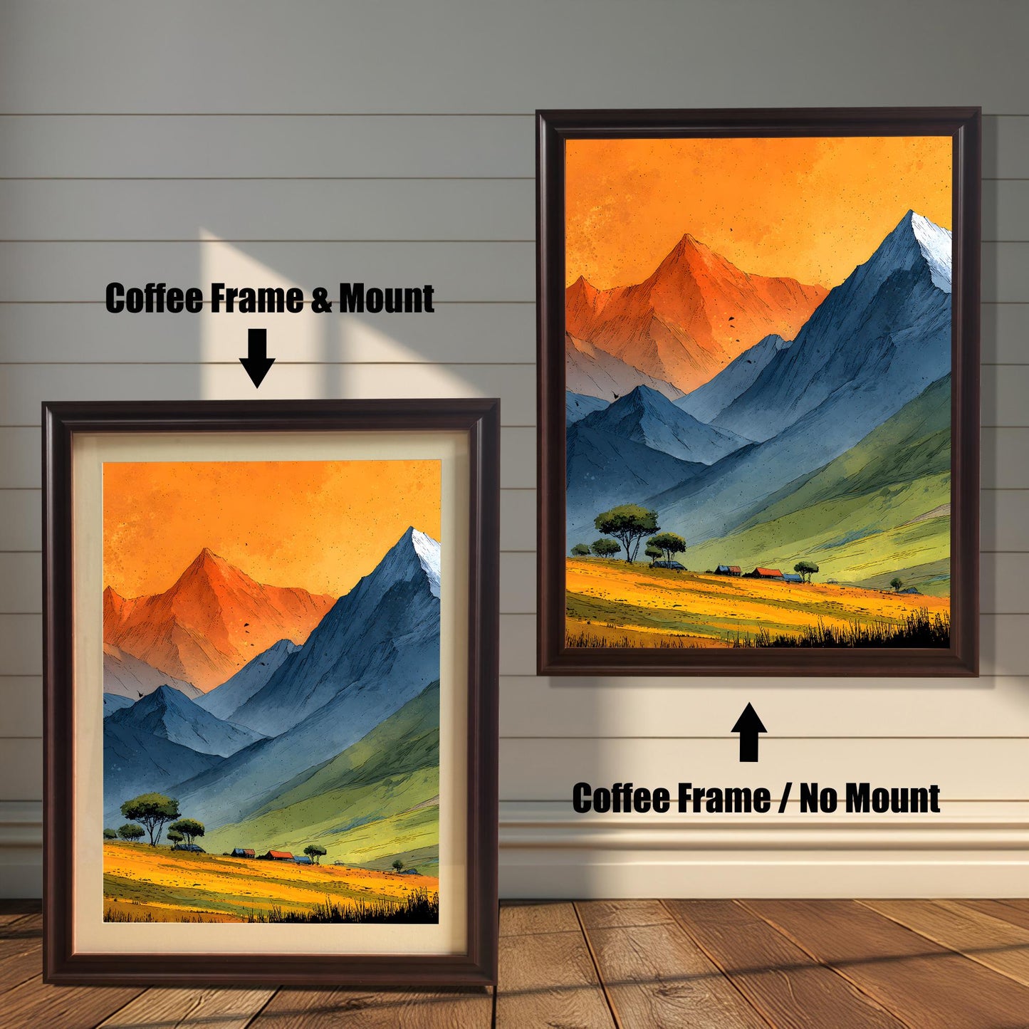 Two coffee-colored (dark brown) wood frames shown side-by-side. The left frame includes a mount for a traditional look, while the right frame shows the print without a mount for a modern feel.
