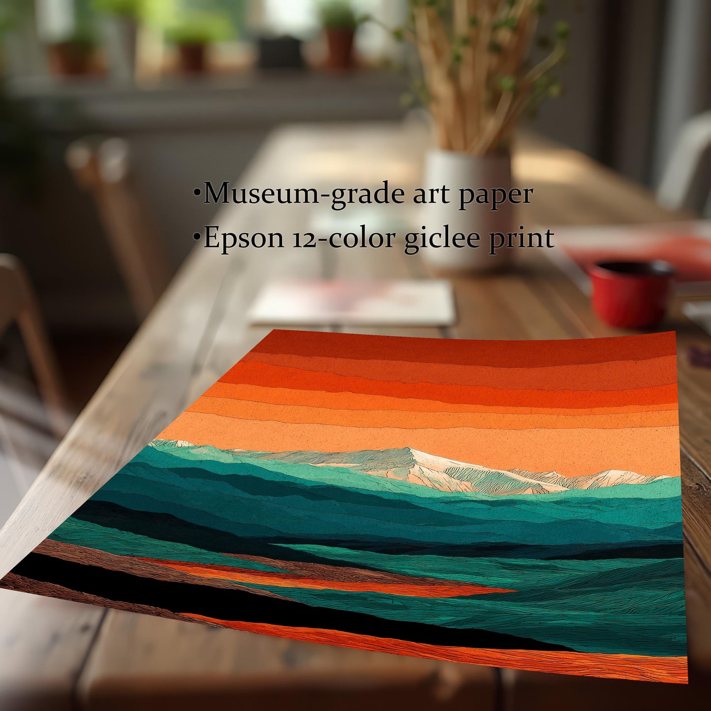 Close-up of a high-quality giclee art print on a wooden table, highlighting the museum-grade art paper and 12-color printing process.