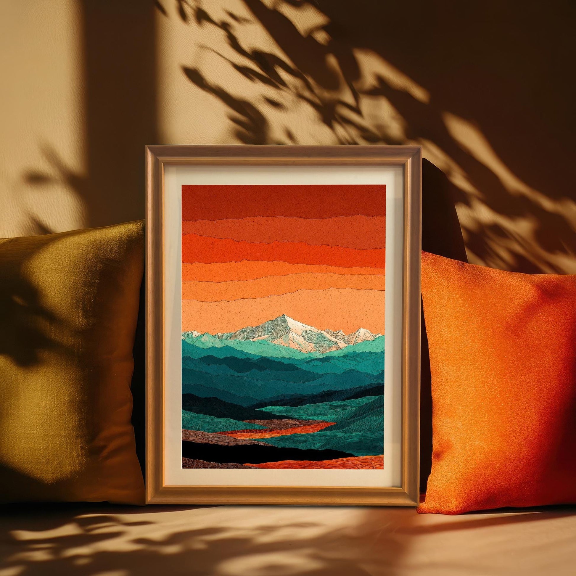 Close-up of an orange wood framed mountain print leaning against a wall between yellow and orange pillows, showing natural leaf shadows and warm lighting.