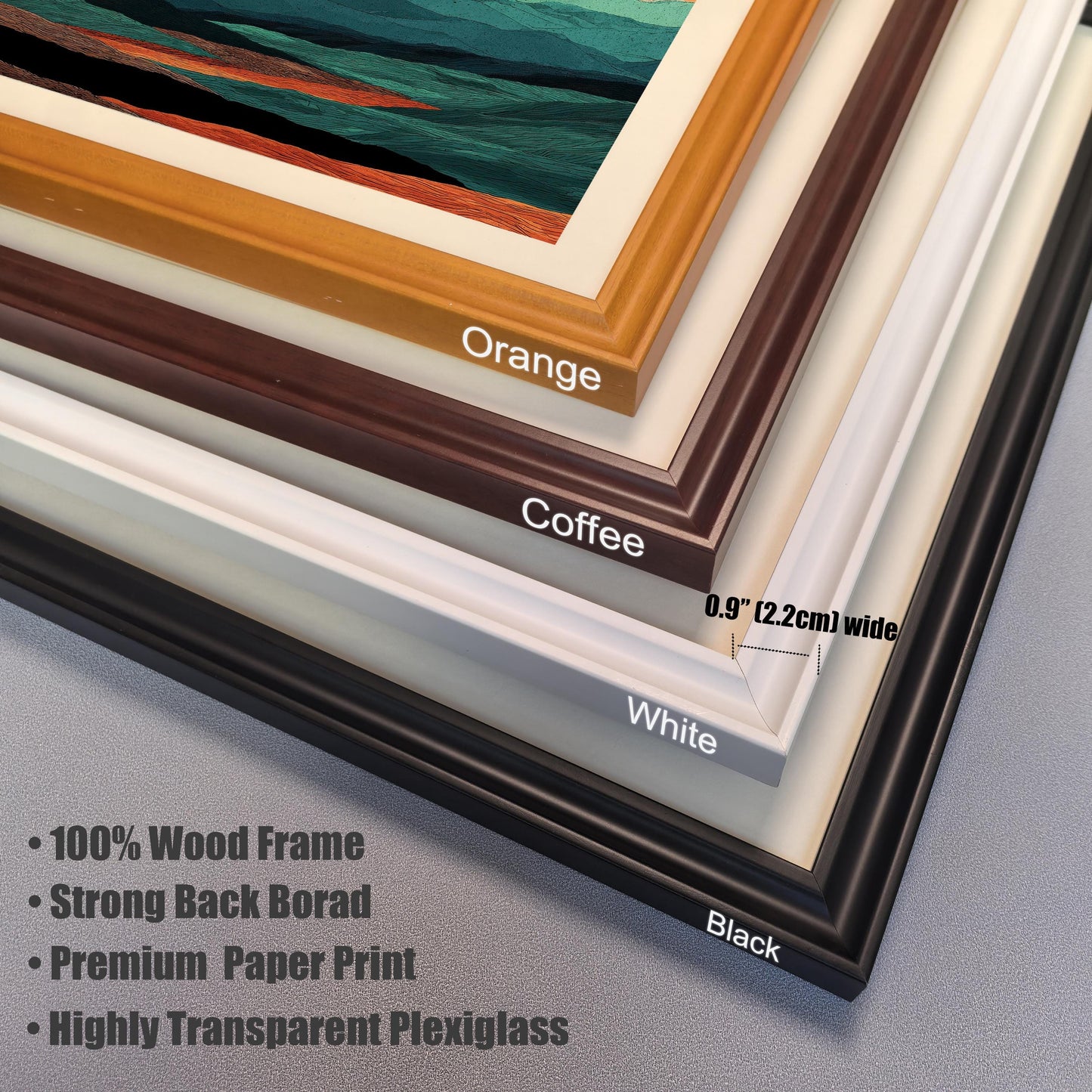 Close-up detail of four wood frame color options stacked: Orange, Coffee, White, and Black, showing the 0.9-inch (2.2cm) frame width and wood grain.
