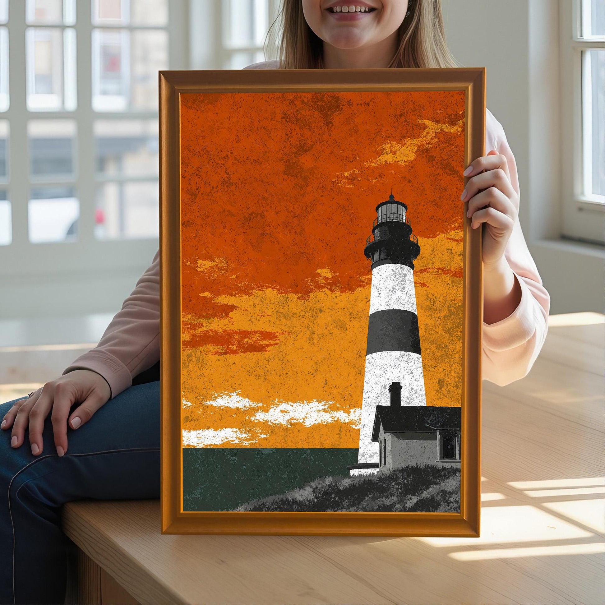 A woman holding a honey-toned orange wood-framed lighthouse art print while sitting at a wooden table, providing a sense of scale for the artwork.
