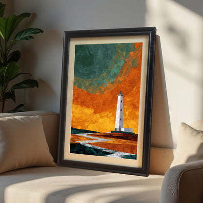 A black wood-framed art print of a white lighthouse against an orange and teal abstract sky, leaning against a neutral-colored sofa in a sunlit room with a green plant nearby.