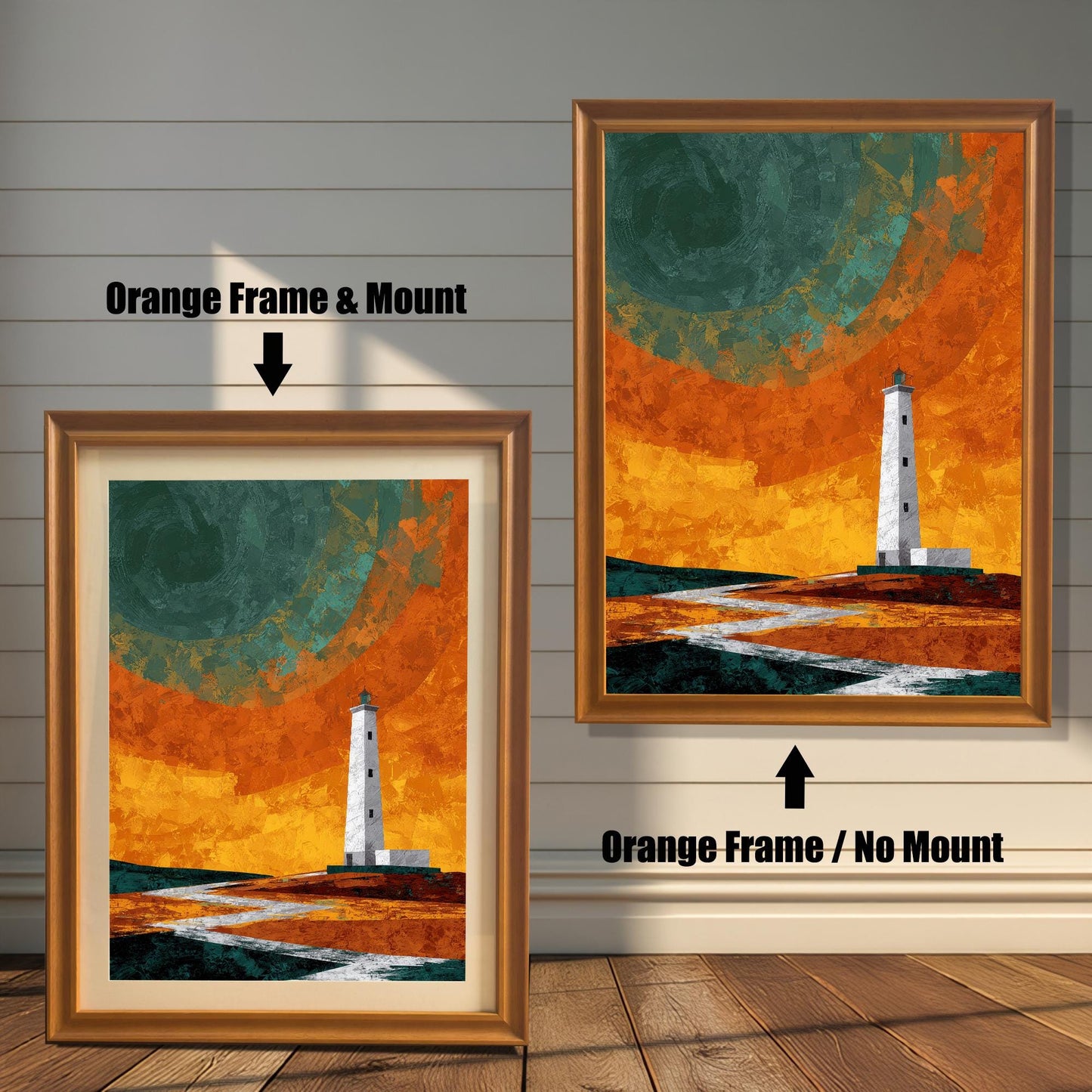Comparison of two orange-toned wood frames featuring lighthouse art; one with a cream mount/mat and one without a mount, displayed against a white horizontal slat wall.