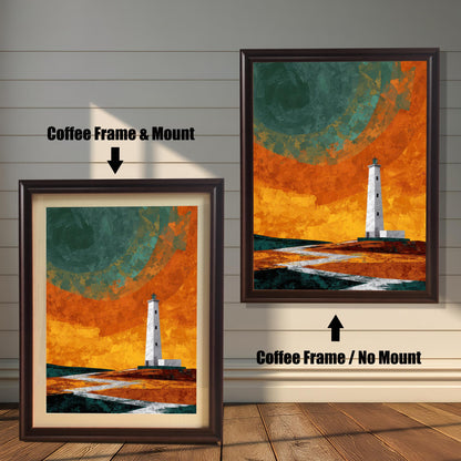 Comparison of two coffee-colored wood frames; the left frame includes a cream-colored mount (matting), while the right frame features the lighthouse artwork without a mount.