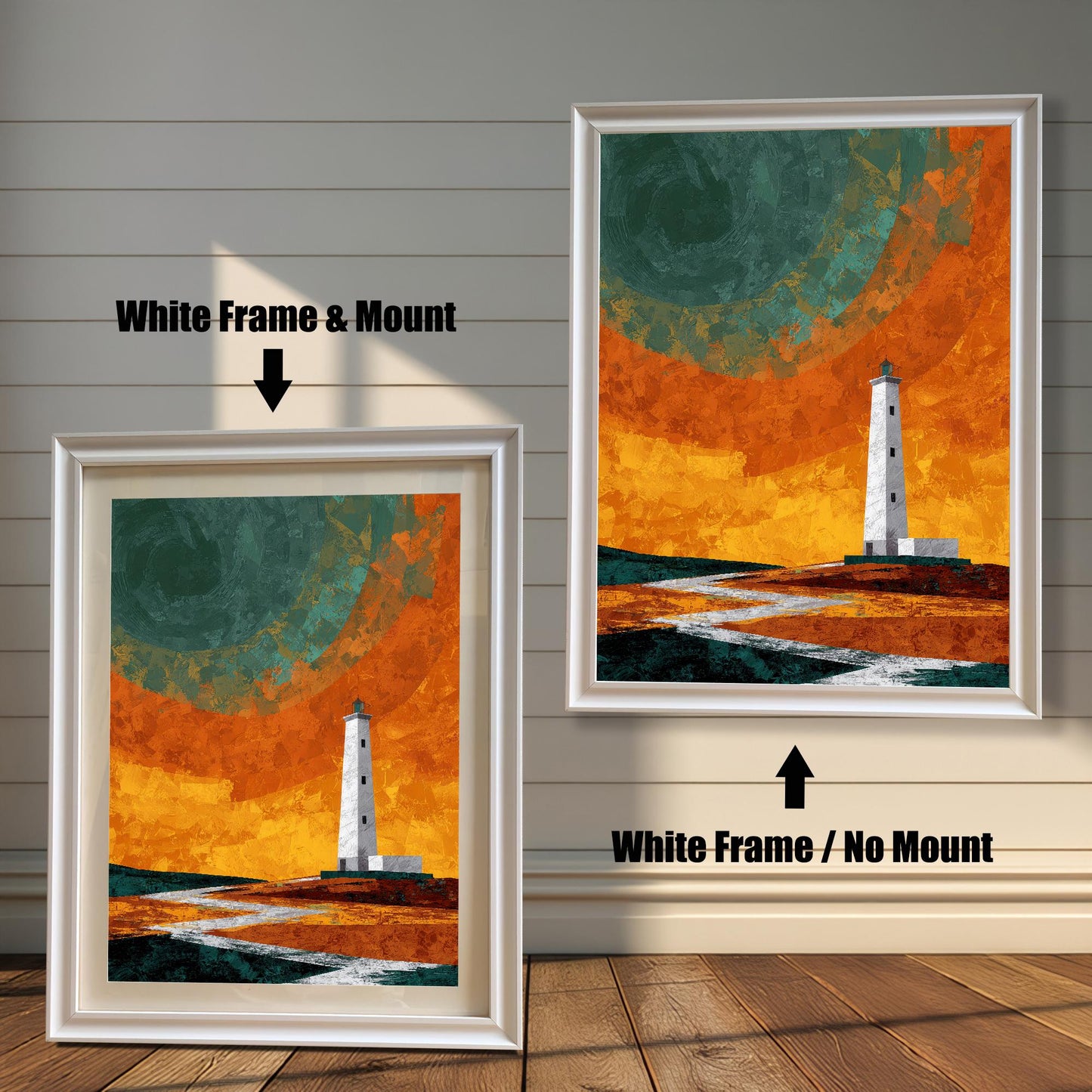 Comparison of two white wood frames; the left version shows the lighthouse print with a cream mount/mat, and the right shows the print without a mount.