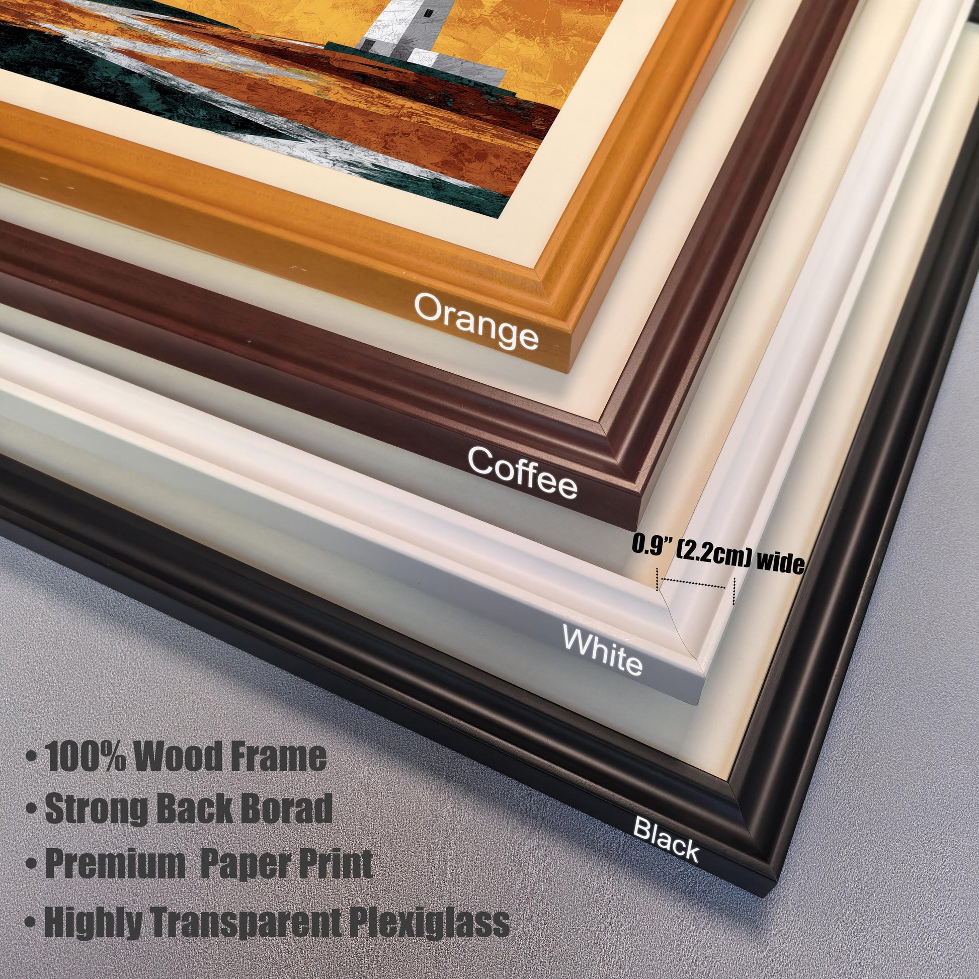 A detailed close-up showing a stack of four frame colors: Orange, Coffee, White, and Black. Text highlights "100% Wood Frame," "0.9 inch wide," and "Highly Transparent Plexiglass."