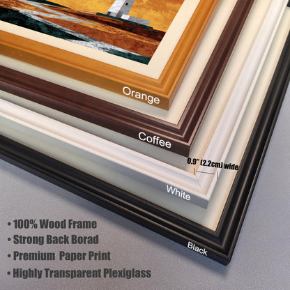 A detailed close-up showing a stack of four frame colors: Orange, Coffee, White, and Black. Text highlights "100% Wood Frame," "0.9 inch wide," and "Highly Transparent Plexiglass."