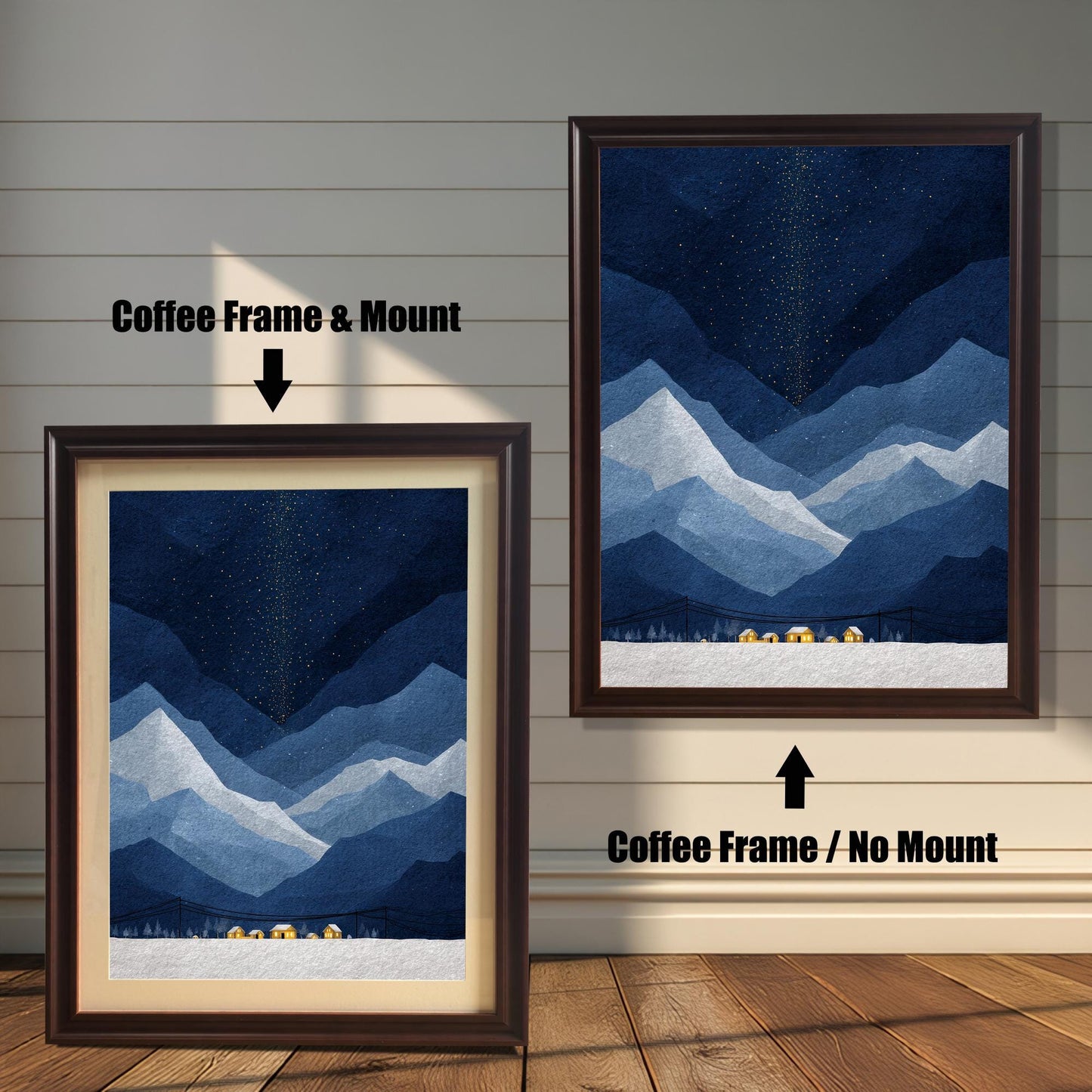 Comparison of the "Coffee" dark wood frame options for a mountain landscape print, showing one version with a mount and one without a mount.