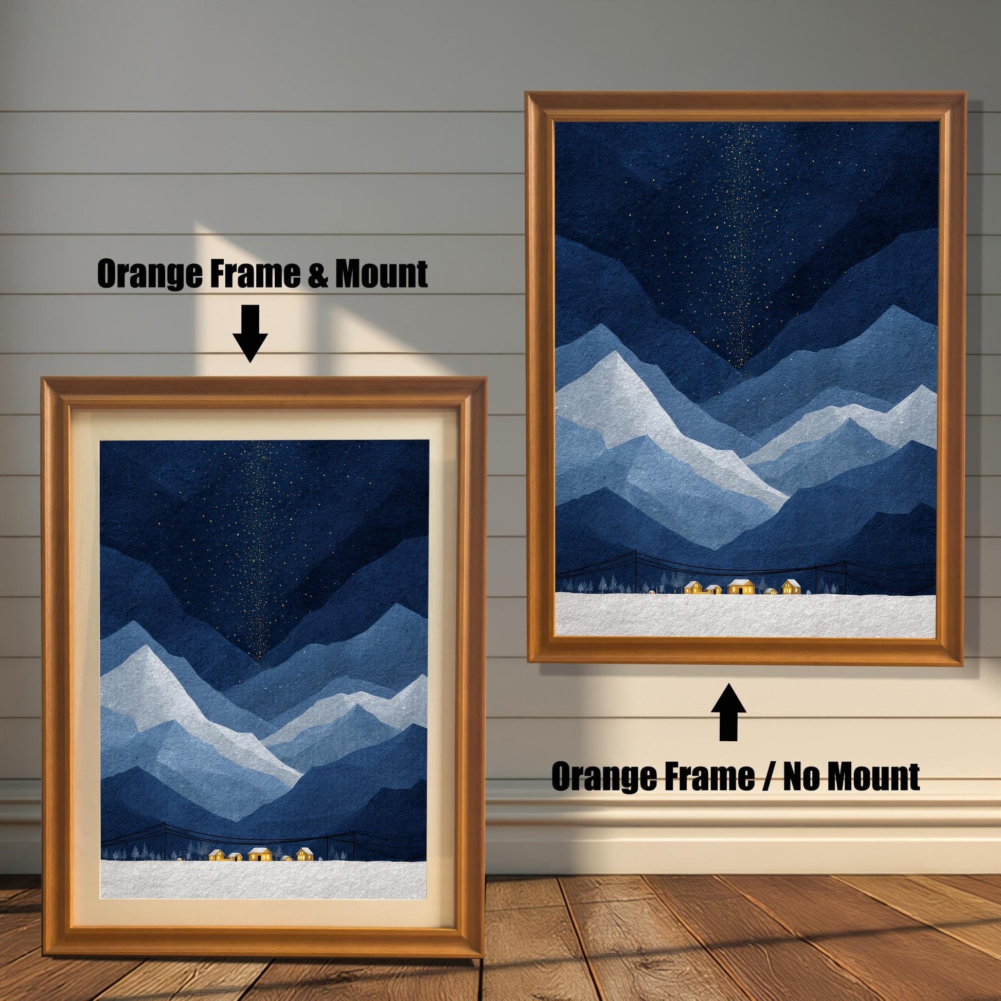 Comparison of the "Orange" warm wood frame options for the starry night mountain artwork, displaying both mounted and unmounted styles.