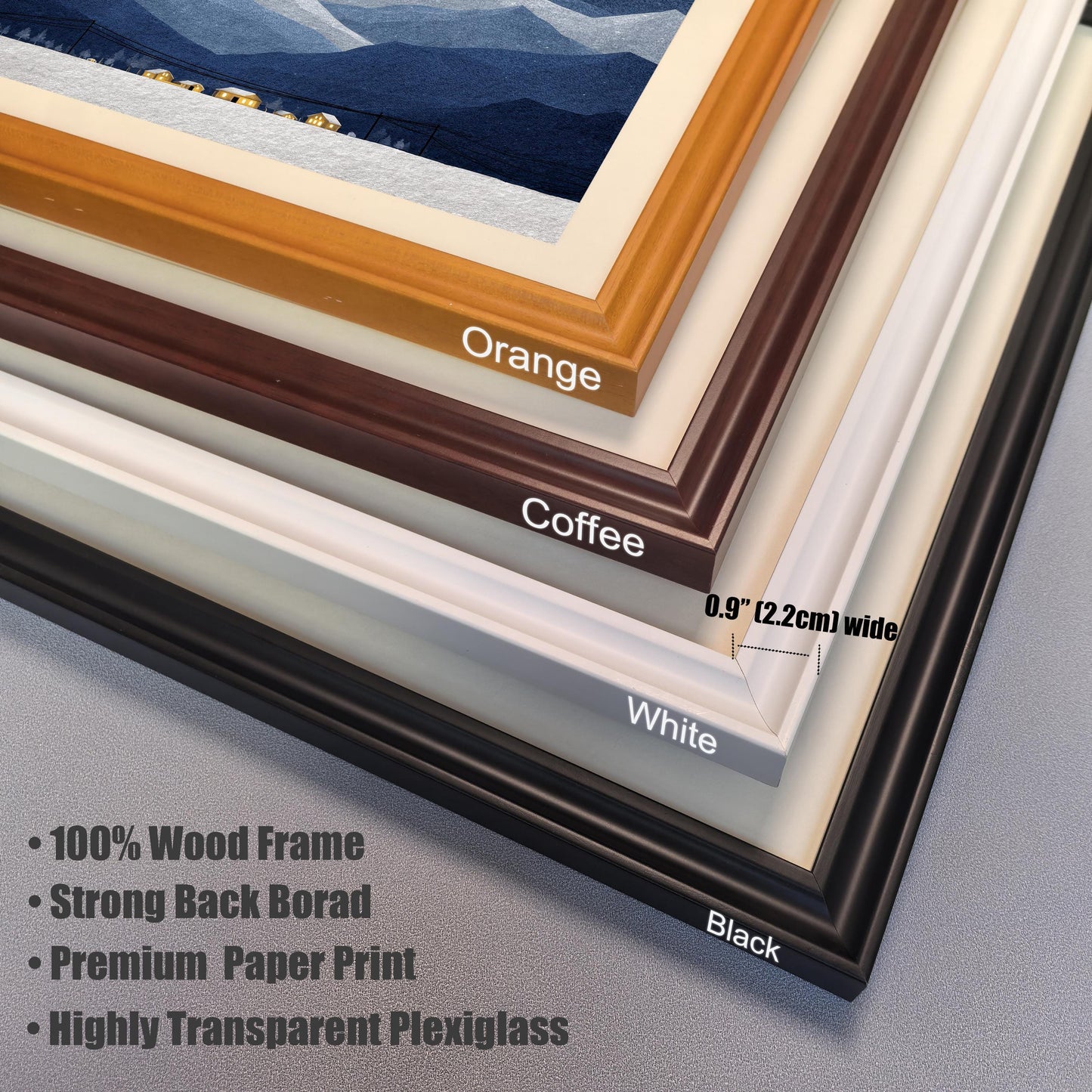 A close-up stack of four wood frame corner samples in Orange, Coffee, White, and Black, highlighting the 0.9-inch (2.2cm) width and premium materials.