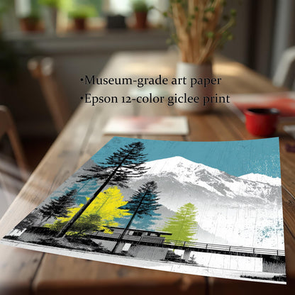 Close-up of a high-quality giclee art print on museum-grade paper, featuring a snowy mountain and colorful pine tree illustration.