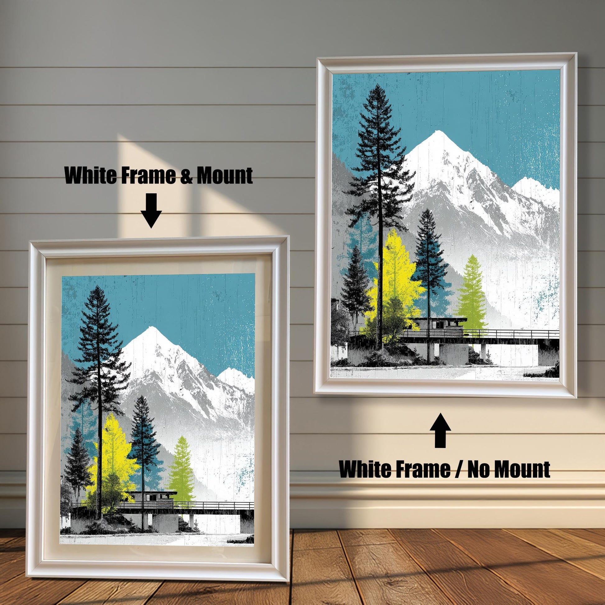 Comparison of two white wood frames: one with the mountain landscape print including an ivory mount and one without a mount.