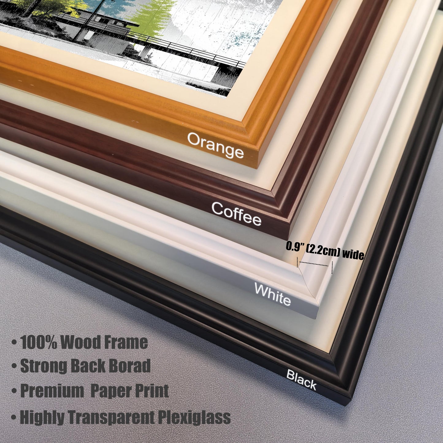 Close-up detail of four available wood frame colors: Orange, Coffee, White, and Black, highlighting the 0.9-inch frame width and plexiglass detail.