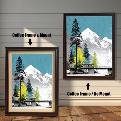 Comparison of two coffee-colored wood frames: one showing the mountain art print with an ivory mount and one displaying the print full-bleed without a mount.