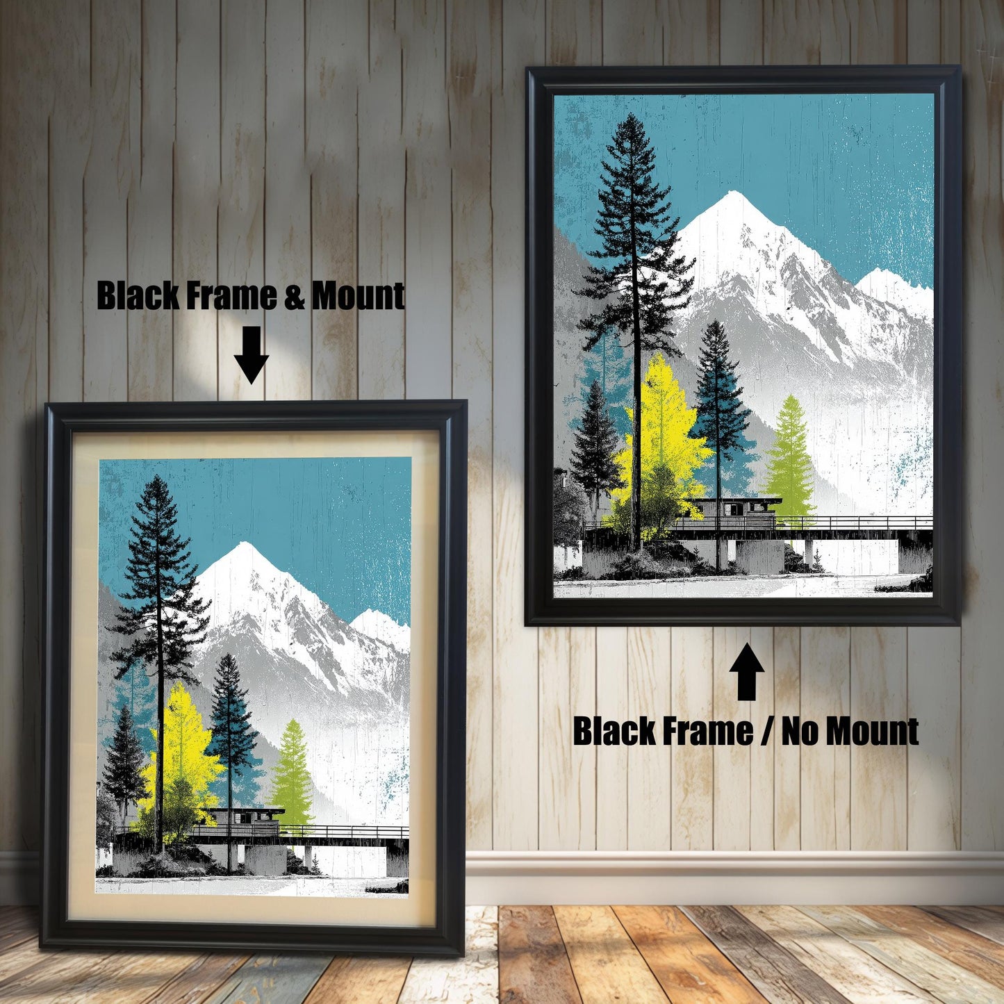 Comparison of two black wood frames: one showcasing the mountain print with a decorative mount and the other as a full-bleed print with no mount.