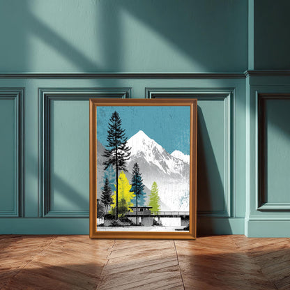 Orange wood framed mountain print standing on a chevron wood floor against a teal paneled wall, showcasing modern home decor styling.