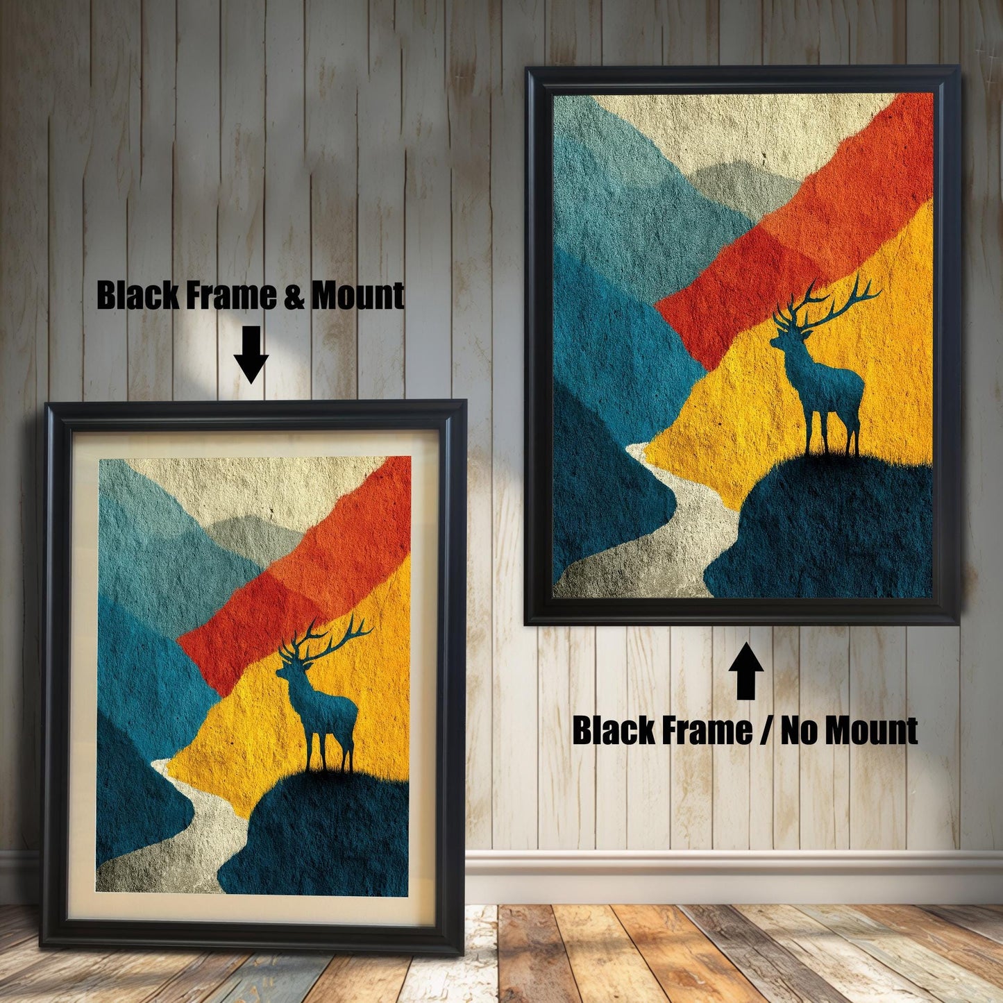 Comparison image showing the artwork in a "Black" wood frame with a mat board (mount) versus without a mount, displayed against a rustic vertical wood plank wall.