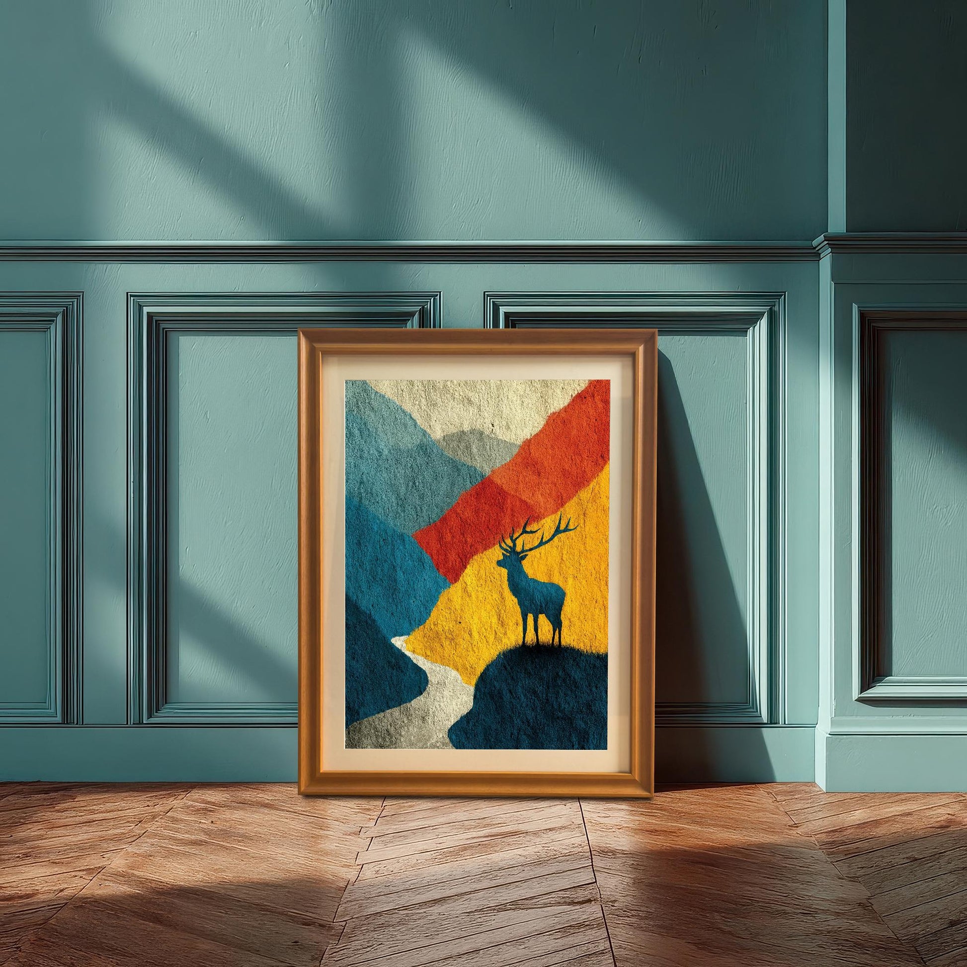 The "Orange" wood-framed print with a mat board leaning against a teal-colored wainscoted wall on a herringbone pattern wood floor.