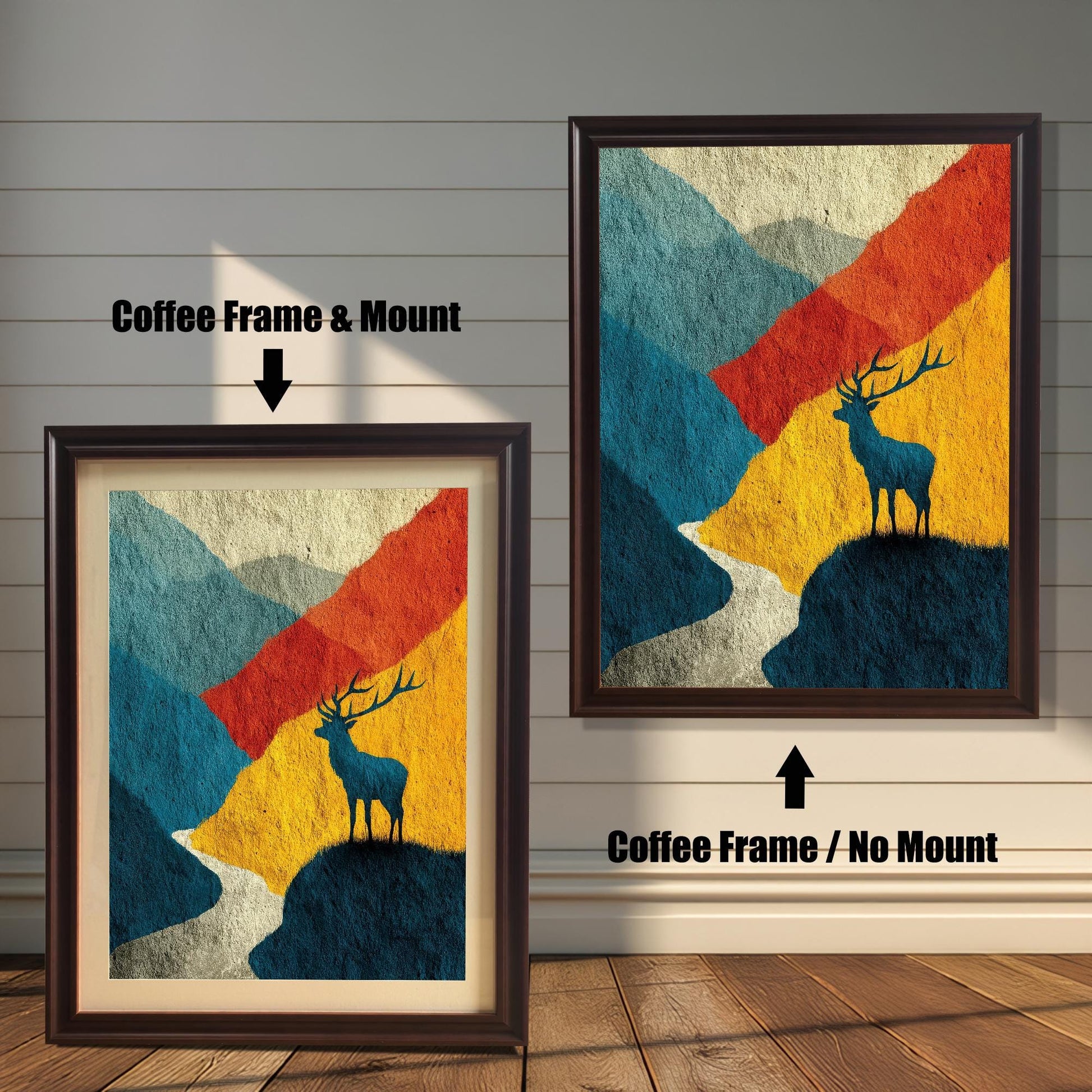 Comparison image showing the artwork in a dark "Coffee" wood frame with a cream-colored mat board (mount) versus the same frame without a mount, displayed against a neutral horizontal wood-slat wall.