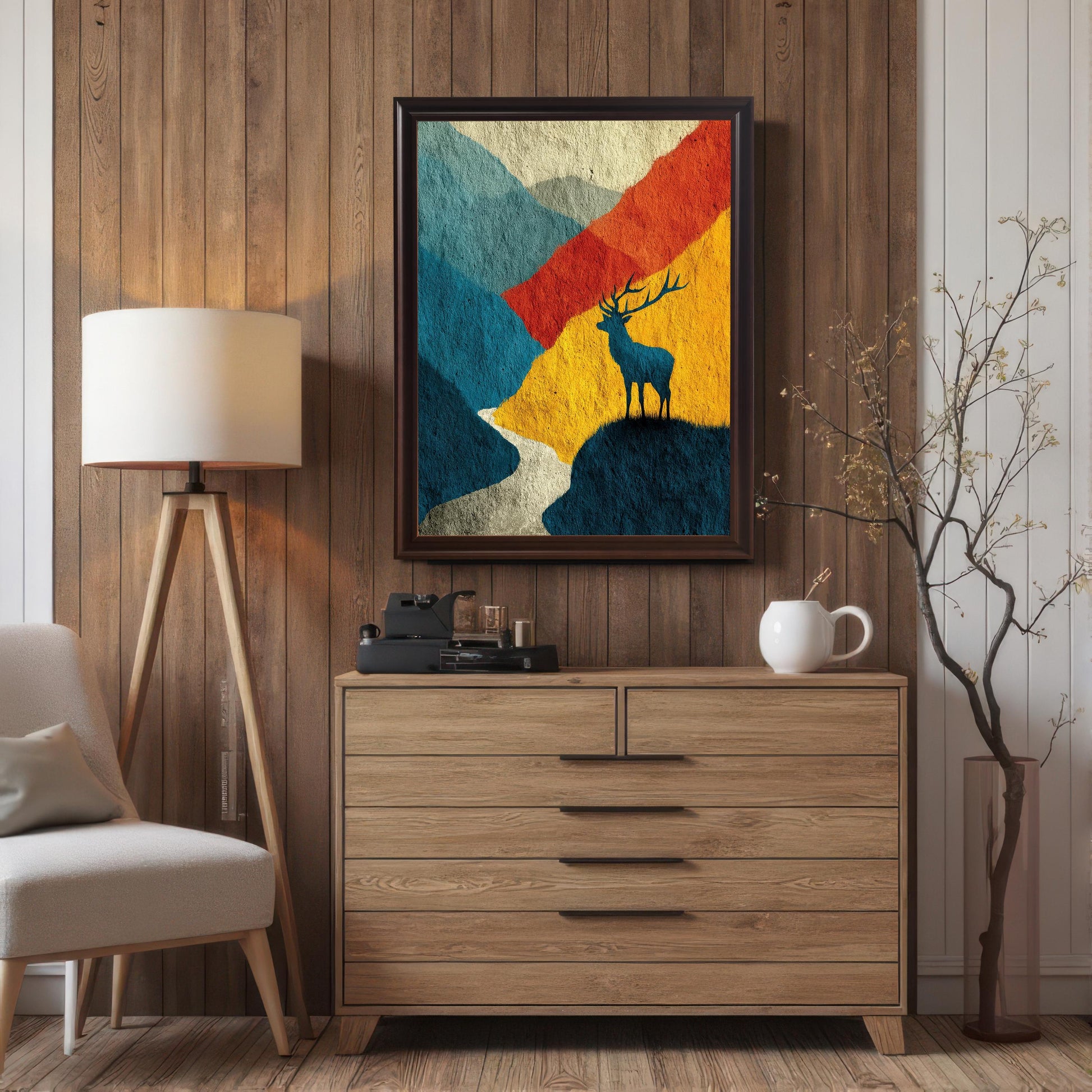 A large "Coffee" wood-framed version of the print mounted on a vertical dark-wood paneled wall above a modern mid-century wooden dresser, styled with a tripod floor lamp and a white chair.