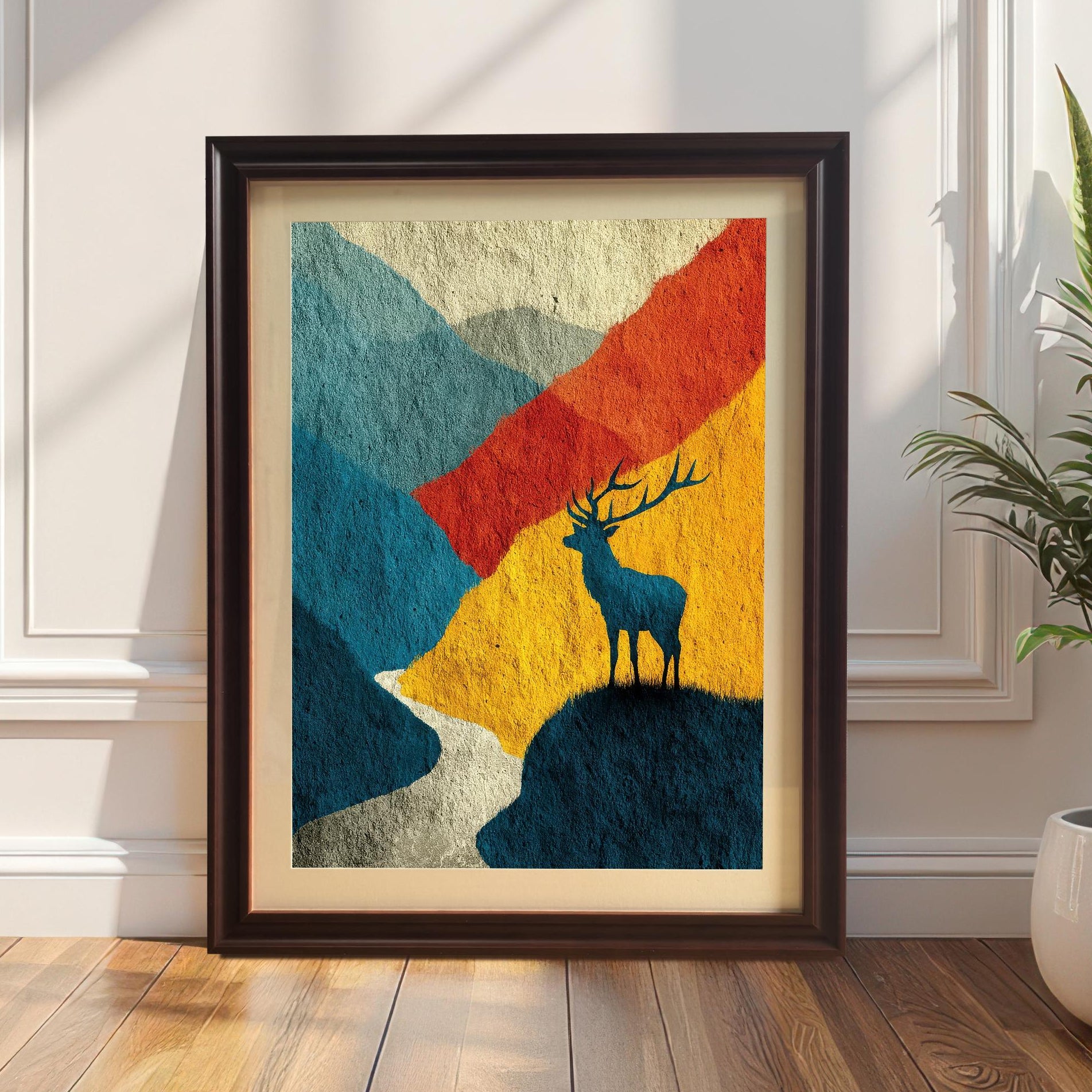 A "Coffee" brown wood-framed art print of a silhouette deer in a colorful abstract mountain landscape, leaning against a white paneled wall on a light wood floor.