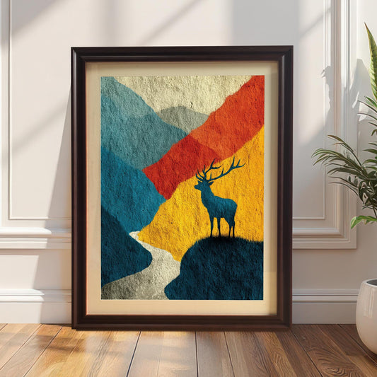 A "Coffee" brown wood-framed art print of a silhouette deer in a colorful abstract mountain landscape, leaning against a white paneled wall on a light wood floor.