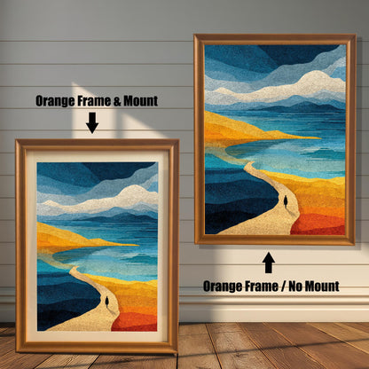 Comparison of two orange wood frames: one showing the art with a white paper mount (mat) and one without a mount, displayed against a white shiplap wall.