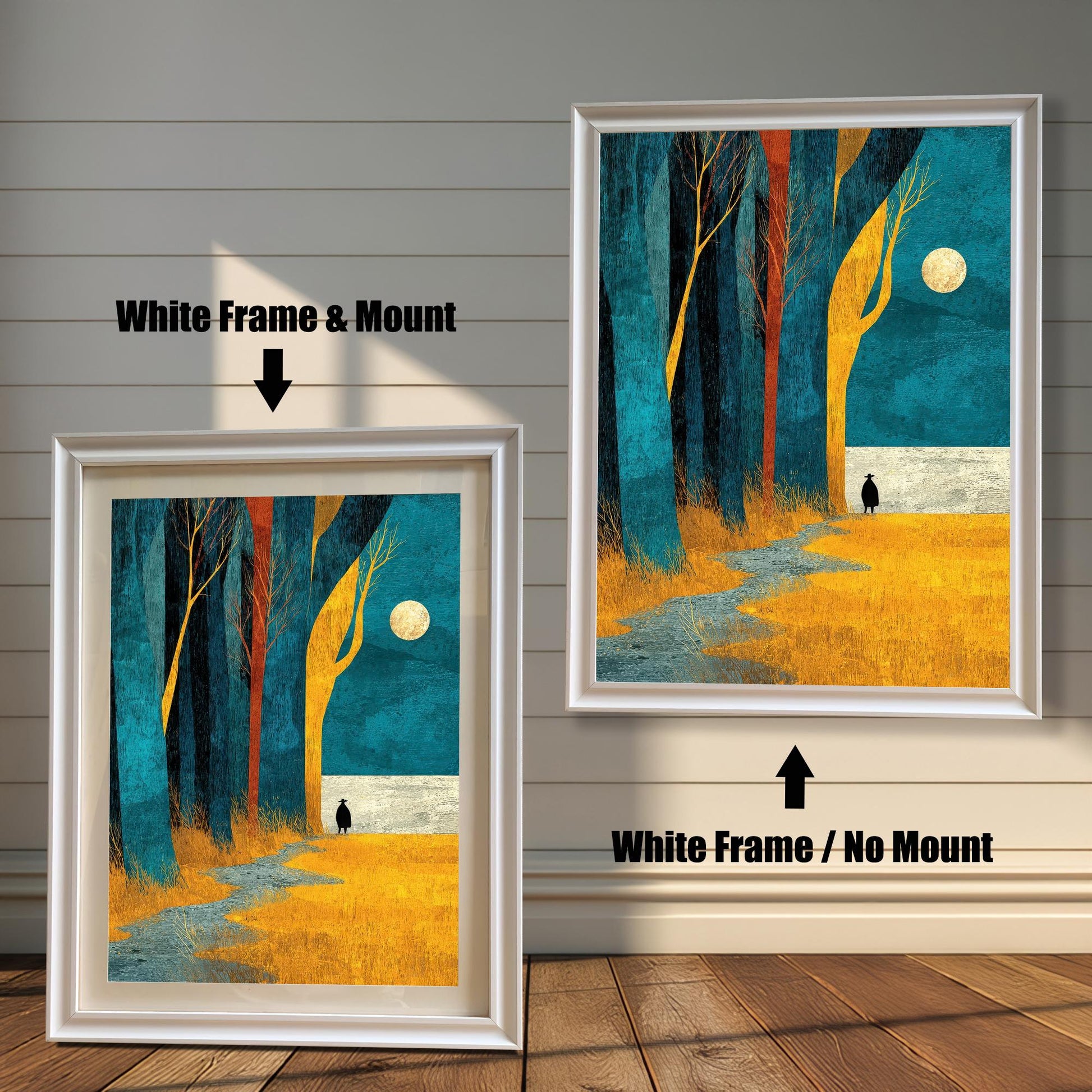 Comparison view of the "White" wood frame option, showing the moonlit forest artwork both with and without a decorative white mat board.