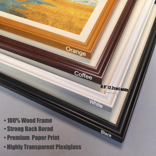 A close-up detail shot of four corner frame samples in Orange, Coffee, White, and Black, labeled as 100% wood with highly transparent plexiglass.