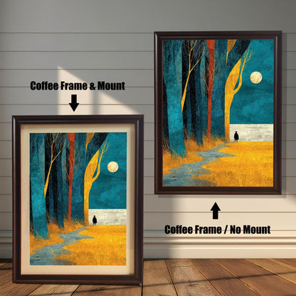 Comparison view of the "Coffee" (dark brown) wood frame option, showing the forest illustration both with a cream mount and as a full-bleed print without a mount.