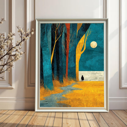 A large white-framed art print of the moonlit forest landscape leaning against a white paneled wall on a light wood floor, creating a bright and airy aesthetic.