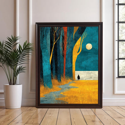 A vertical coffee-colored wood frame without a mount, showcasing the full-bleed forest illustration as it leans on a hardwood floor next to a white potted plant.