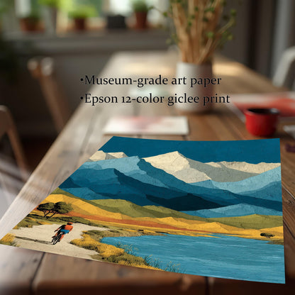 Close-up of a mountain landscape art print on a wooden table, featuring text overlays: "Museum-grade art paper" and "Epson 12-color giclee print."