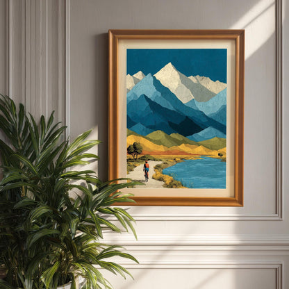 A framed mountain landscape print in an orange-toned wood frame with a mat, hanging on a classic white paneled wall next to a large green indoor plant.