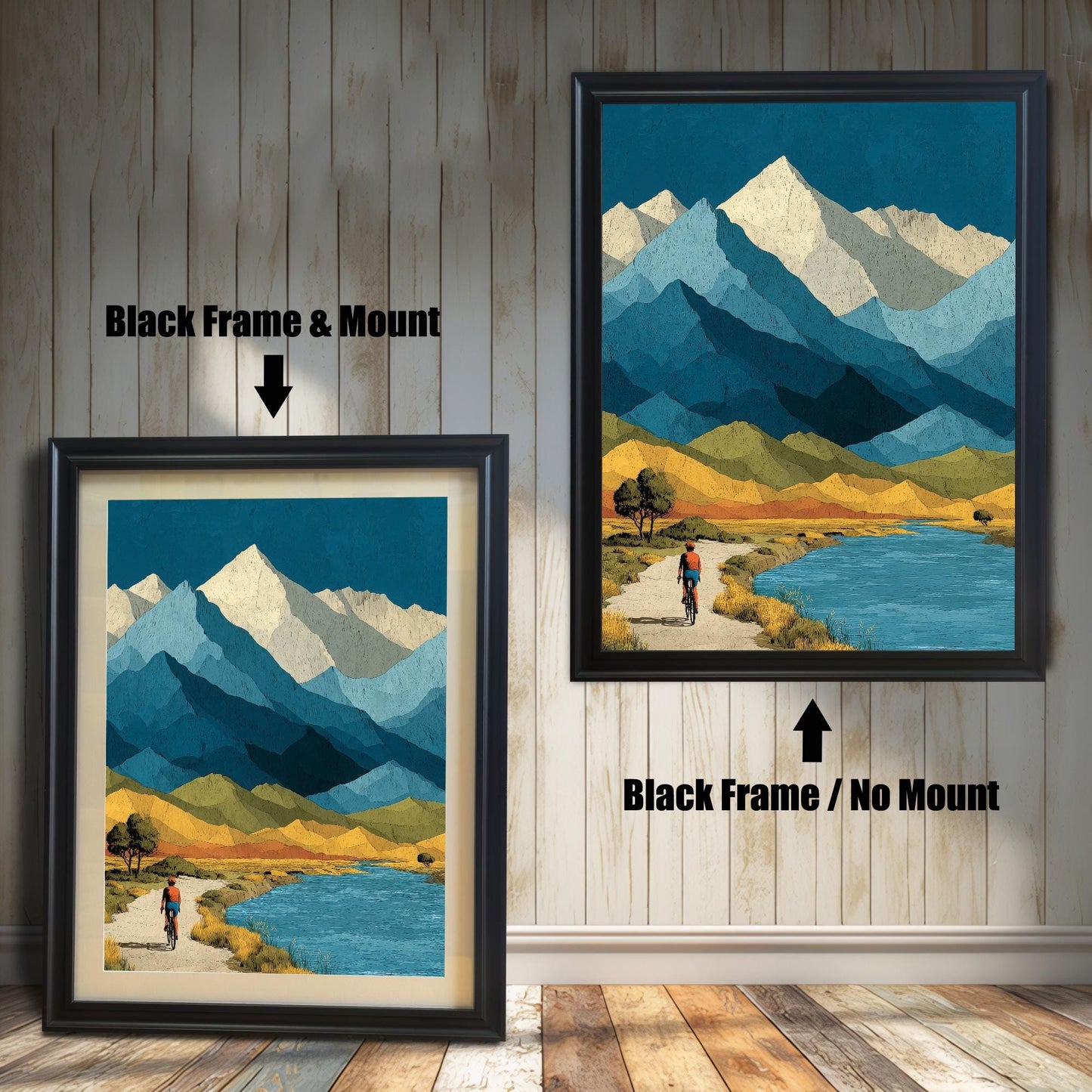Comparison of two black wood frames: the left shows the mountain art with an off-white mat (mount), and the right shows the art framed without a mat.