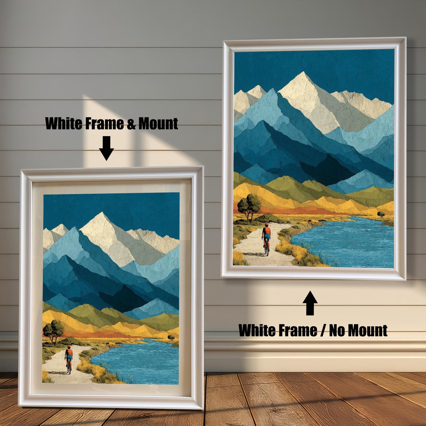 Comparison of two white wood frames: the left side shows the artwork with a white mat (mount), and the right side shows the artwork framed without a mat.