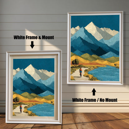 Comparison of two white wood frames: the left side shows the artwork with a white mat (mount), and the right side shows the artwork framed without a mat.
