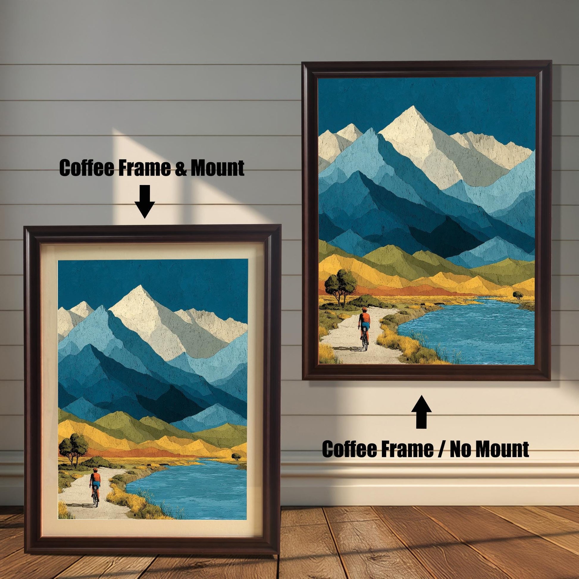 Comparison of two "Coffee" (dark brown) wood frames: one with a mat (mount) on the left and one without a mat on the right.