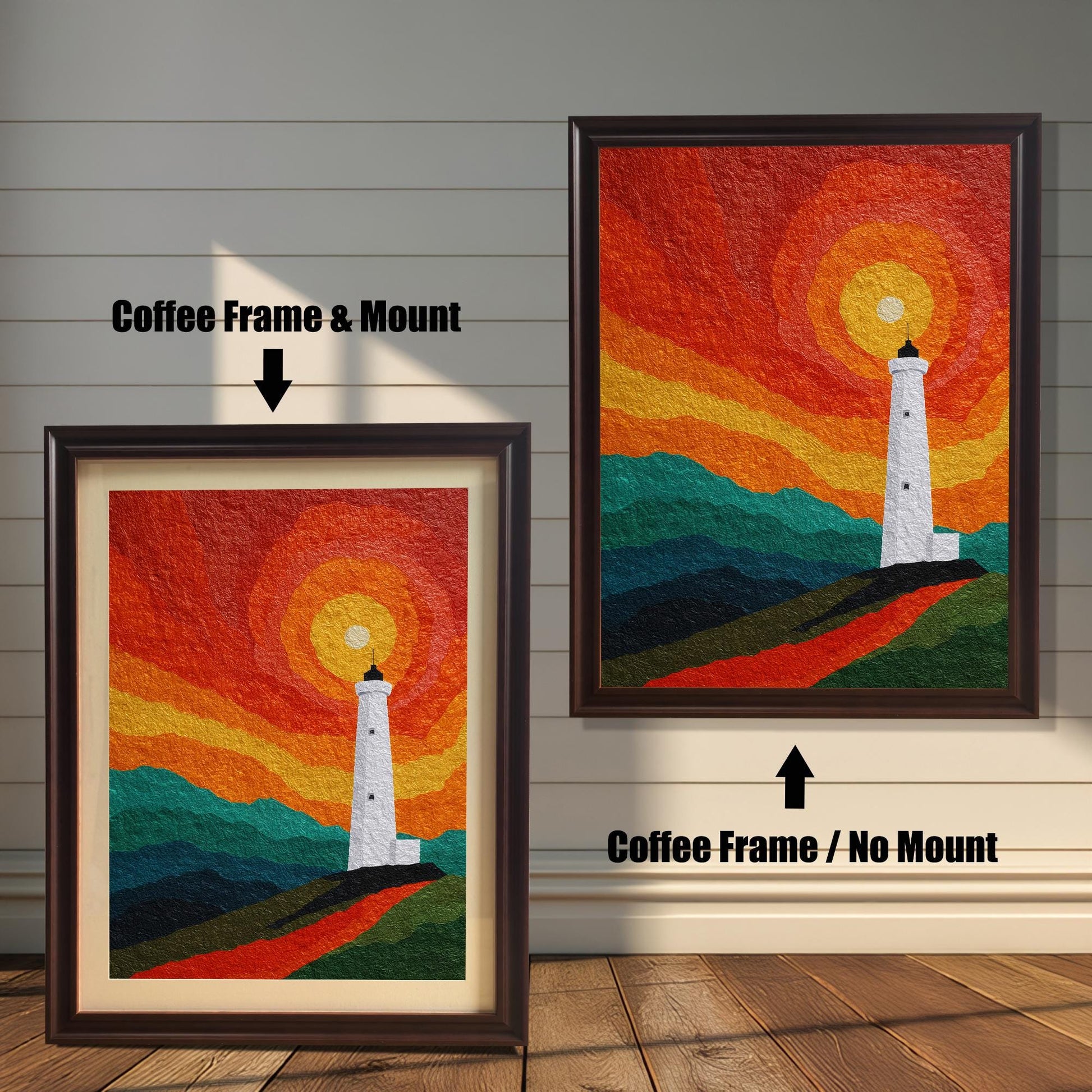 Comparison of two dark "Coffee" brown wood frames: one with a mount and one without, displaying a vibrant sunset lighthouse illustration.