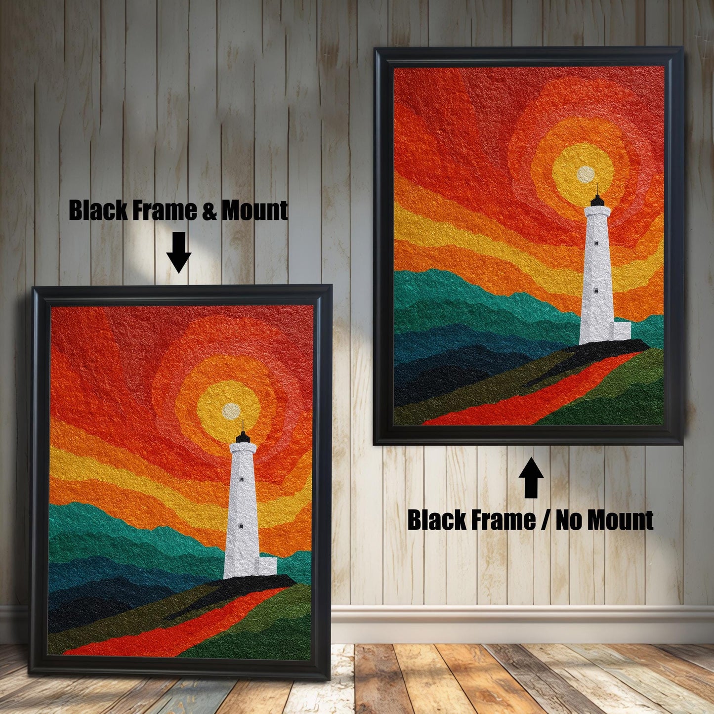 Comparison of two black wood frames: one featuring a cream-colored mount (matting) and one without a mount, showcasing a lighthouse art print.