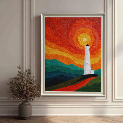 A large-scale lighthouse art print in a sleek white wood frame, leaning against an elegant white paneled wall on a dark herringbone floor beside a decorative dried floral arrangement.
