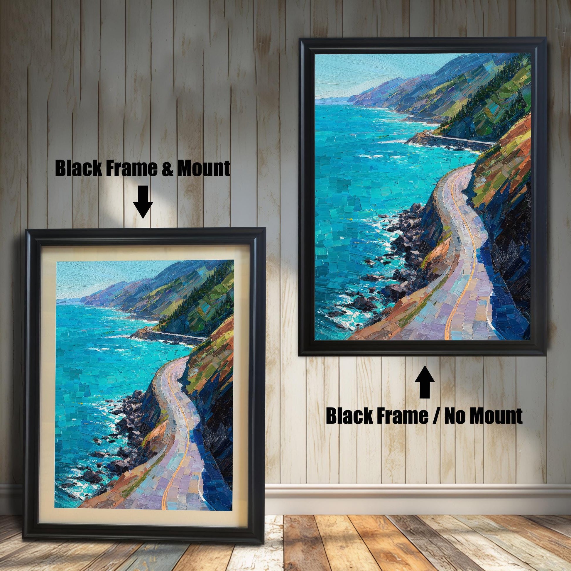 Comparison of two Black wood frames: one featuring a cream mount (mat board) and one without a mount, showcasing a vibrant turquoise ocean and winding road landscape.