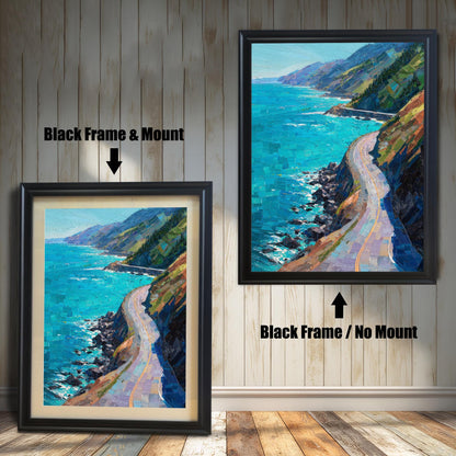 Comparison of two Black wood frames: one featuring a cream mount (mat board) and one without a mount, showcasing a vibrant turquoise ocean and winding road landscape.