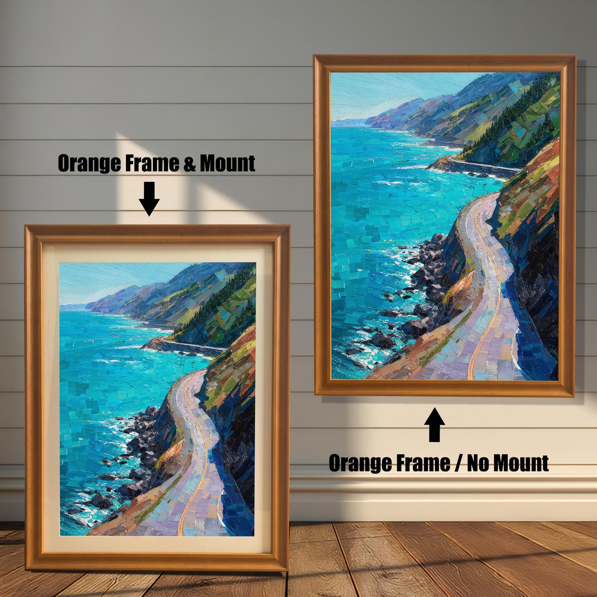 Comparison of Orange wood frames (warm oak tone) showing the "Orange Frame & Mount" versus "Orange Frame / No Mount" styles for a scenic Big Sur-style painting.