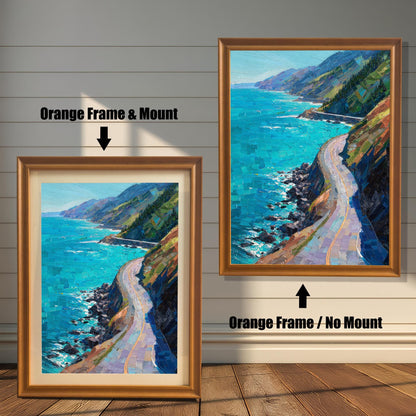 Comparison of Orange wood frames (warm oak tone) showing the "Orange Frame & Mount" versus "Orange Frame / No Mount" styles for a scenic Big Sur-style painting.