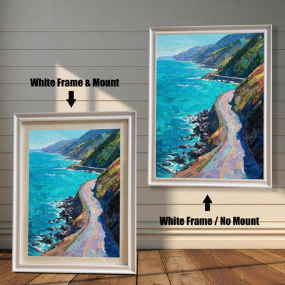 Comparison of White wood frames showing the "White Frame & Mount" versus "White Frame / No Mount" options for a blue ocean landscape art piece.